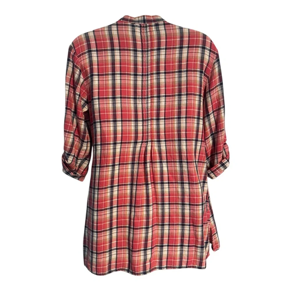 ALTAR'D STATE Plaid Tunic Pleated VNeck Cotton Top Blouse Size Small